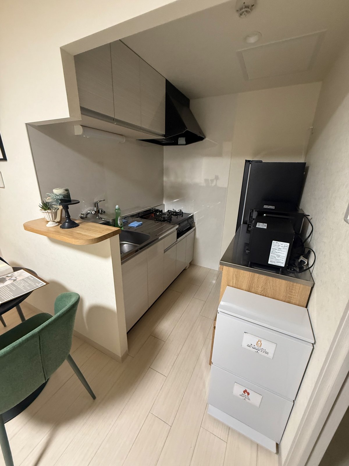 部屋の台所。シンクとコンロ、冷蔵庫と洗濯機が並ぶ