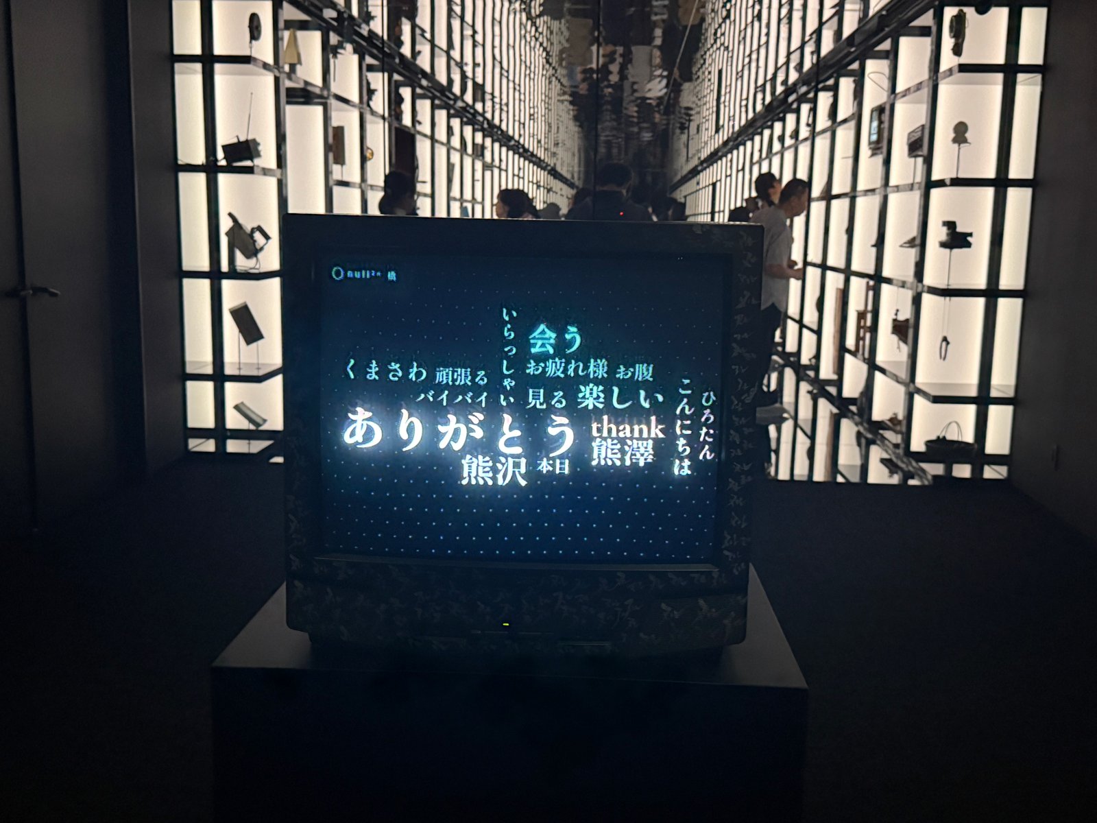 ブラウン管テレビに文字の映像、奥には何百という展示物の棚